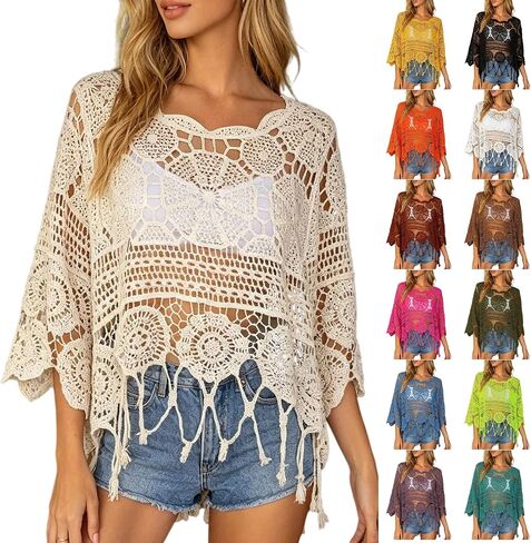 Swimsuit Coverup for Women Plain Tassel Hollow out 3/4 Sleeve Summer Bathing Suit Beach Knit Cover Ups in Kuwait