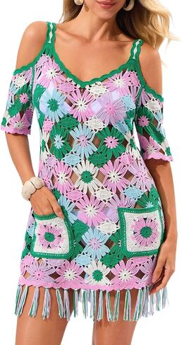 FAIRY SEASON Women's Crochet Beach Cover Up Dress with Pockets,Cold Shoulder Daisy Floral Swimsuit Coverup for Vacation in Saudi Arabia
