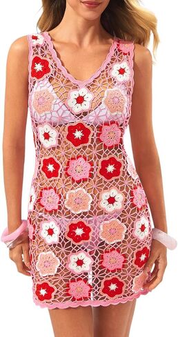 FAIRY SEASON Women's Swimsuit Cover Up Boho Sleeveless 3D Camellia Floral Crochet Beach Dress for Summer Vacation in Saudi Arabia