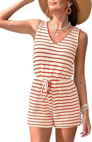 CUPSHE Women Swimsuit Cover Ups Sleeveless V Neck Waffle Knit Striped Beach Coverup Rompers in Kuwait