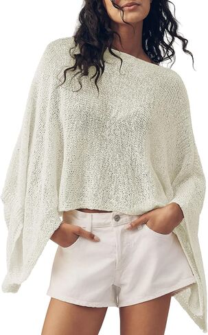 Womens Summer Knit Sheer Poncho Crop Tops Oversized Beach Cover Up Sexy Lightweight Crochet Shrug Shawl in Saudi Arabia