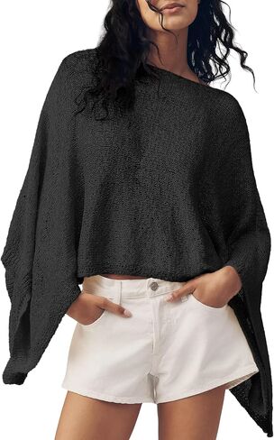 Womens Summer Knit Sheer Poncho Crop Tops Oversized Beach Cover Up Sexy Lightweight Crochet Shrug Shawl in Saudi Arabia