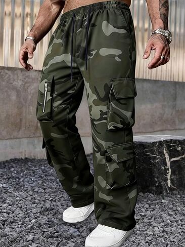 Men's Camo Cargo Pants Work Tactical Casual Baggy Pants Elastic Waist Drawstring with Multi Pockets in Kuwait