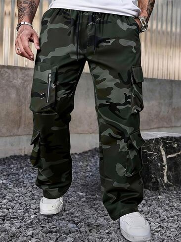 Men's Camo Cargo Pants Work Tactical Casual Baggy Pants Elastic Waist Drawstring with Multi Pockets in Kuwait