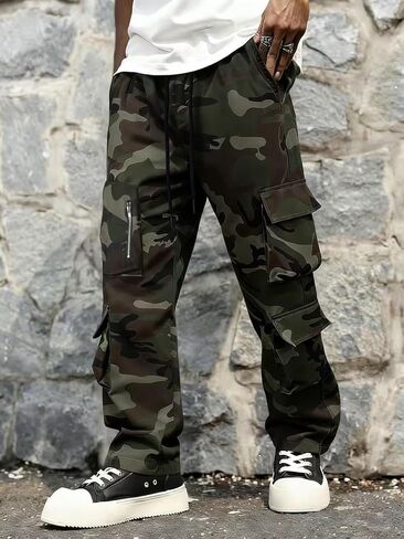 Men's Camo Cargo Pants Work Tactical Casual Baggy Pants Elastic Waist Drawstring with Multi Pockets in Kuwait