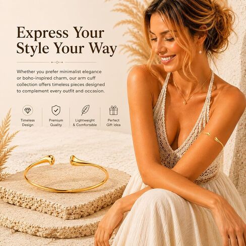 Gold Arm Cuff Jewelry for Women - Adjustable Minimalist Boho Upper Arm Cuffs Bracelet Bangle for Beach Party Festival in Kuwait