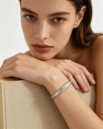 Hammered Silver Bangle Bracelet for Women, Hypoallergenic Textured Silver Cuff Bracelet, Dainty Minimalist Silver Bangle Jewelry for Everyday Wear in Kuwait