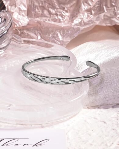 Hammered Silver Bangle Bracelet for Women, Hypoallergenic Textured Silver Cuff Bracelet, Dainty Minimalist Silver Bangle Jewelry for Everyday Wear in Kuwait