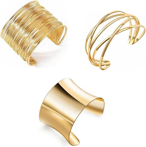 3Pcs Chunky Gold Cuff Bracelets for Women Trendy Minimalist Open Wide Bangle Bracelets Statement Wrist Cuff Wrap Thick Bracelet Set Fashion Jewelry Gift Accessories in Saudi Arabia