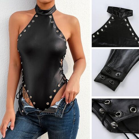ROSVAJFY Women's Leather Bodysuit Sexy Wetlook Teddy Lingerie Lace Up Faux Leather Sleeveless Bodysuits Tops Rave Outfits in Saudi Arabia