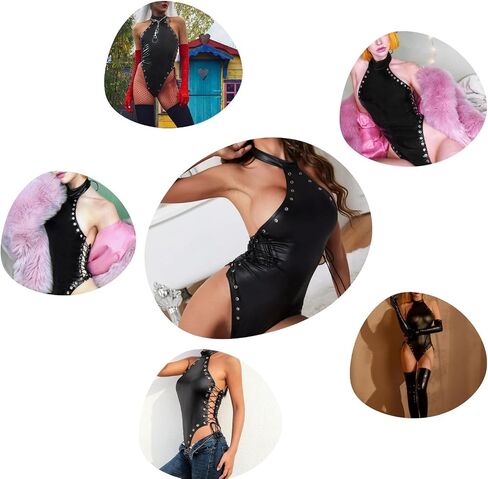 ROSVAJFY Women's Leather Bodysuit Sexy Wetlook Teddy Lingerie Lace Up Faux Leather Sleeveless Bodysuits Tops Rave Outfits in Saudi Arabia