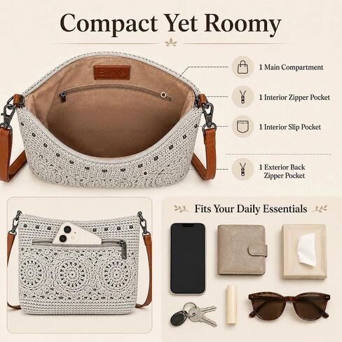 Eiyye Crochet Floral Crossbody Bag for Women Lightweight Ice Silk Woven Purse with Adjustable Strap Small Shoulder Bag with Zipper Closure & Multiple Pockets Summer Boho Handbag in Saudi Arabia