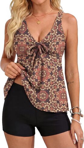 Womens Tankini Bathing Suits, Tankini Swimsuits for Women with Shorts, Flowy Bathing Suit for Women 2 Piece Swimsuit Adjustable Straps, XL Brown Black in Saudi Arabia