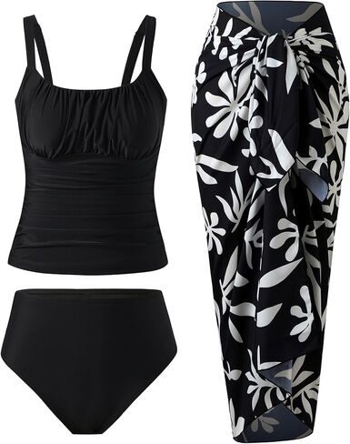 YUNIDMEIM Tankini Swimsuits for Women Tummy Control 3 Piece Bathing Suit with High Waist Swim Shorts Wrap Skirt Cover Up in Saudi Arabia
