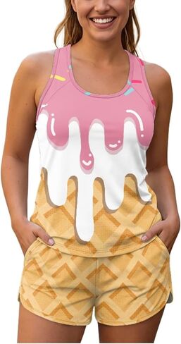 Women Tankini Swimsuits with Shorts Two Piece Tummy Control Bathing Suits Top with Two Pockets Bottom Swimwear in Saudi Arabia