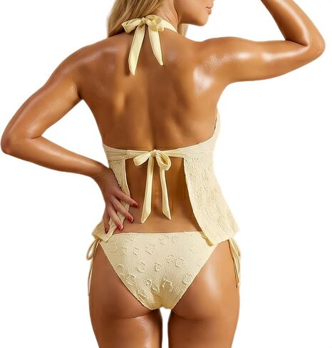 2 Piece Women Tankini Swimsuits Halter Tie Front Backless Side Tie Textured Bathing Suit for Beach Resort Travel in Saudi Arabia