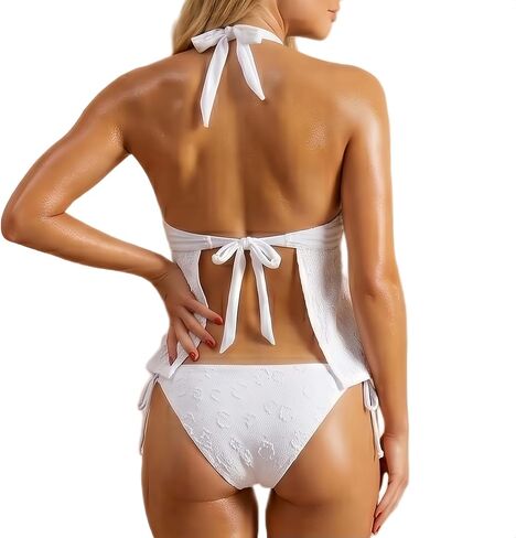 2 Piece Women Tankini Swimsuits Halter Tie Front Backless Side Tie Textured Bathing Suit for Beach Resort Travel in Saudi Arabia