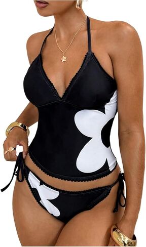 Verdusa Women's 2 Piece Floral Tankini Sets Self Tie Halter Swimsuits Vacation Outfits in Kuwait