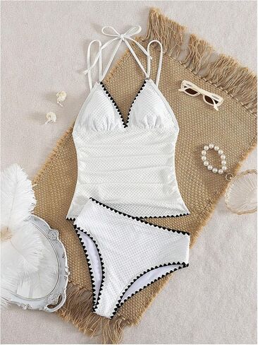 Verdusa Women's 2 Piece Textured Halter Tankini Swimsuits Tie Backless Tops with Panty Swimwear Sets in Kuwait