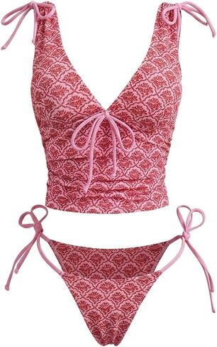 Milumia Women's Floral Tankini Swimsuits Deep V Neck Tie Side 2 Piece Bathing Suits Beachwear in Kuwait