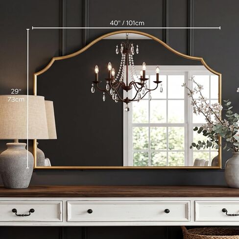 PERFNIQUE Gold Scalloped Mirror, 40"x29" Large Vintage Wall Mirror with Tempered Glass, Arched Antique Mirror for Mantel Fireplace Entryway Living Room Decor in Saudi Arabia
