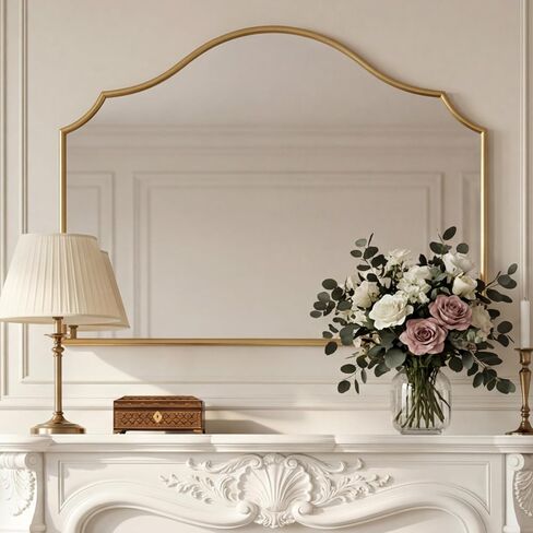 PERFNIQUE Gold Scalloped Mirror, 40"x29" Large Vintage Wall Mirror with Tempered Glass, Arched Antique Mirror for Mantel Fireplace Entryway Living Room Decor in Saudi Arabia