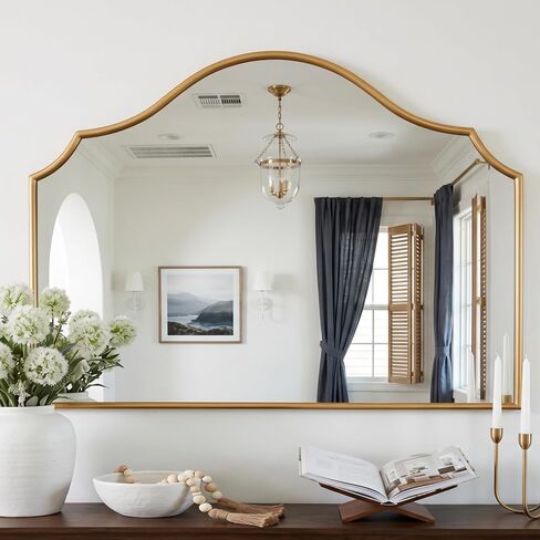 PERFNIQUE Gold Scalloped Mirror, 40"x29" Large Vintage Wall Mirror with Tempered Glass, Arched Antique Mirror for Mantel Fireplace Entryway Living Room Decor in Saudi Arabia