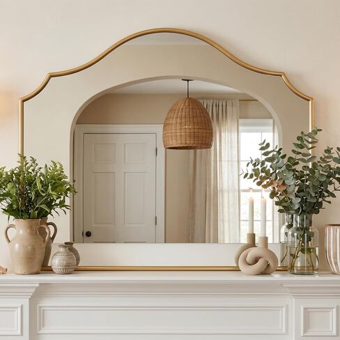 PERFNIQUE Gold Scalloped Mirror, 40"x29" Large Vintage Wall Mirror with Tempered Glass, Arched Antique Mirror for Mantel Fireplace Entryway Living Room Decor in Saudi Arabia