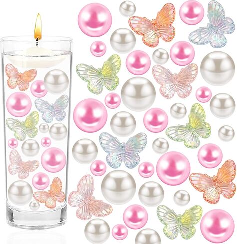 140pcs Summer Vase Filler, Plastic Butterfly Pink White No Hole Faux Pearls Beads for Party Table Centerpiece Home Decor in Saudi Arabia