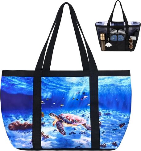 Fomaris Large Mesh Beach Bag for Women, Waterproof Sandproof Summer Tote with Sea Turtle Ocean Animal Print, Quick Sand Draining Swim Pool Travel Essentials for Family Cruise in Saudi Arabia