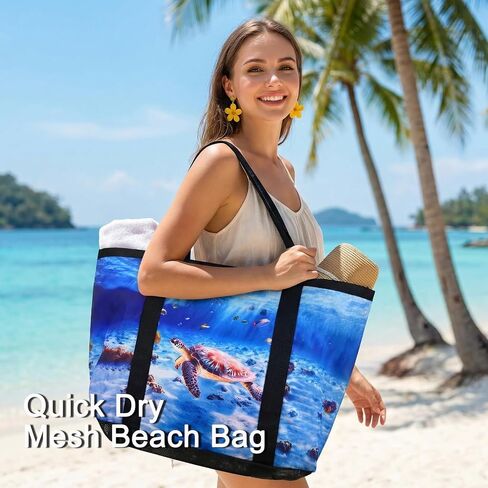 Fomaris Large Mesh Beach Bag for Women, Waterproof Sandproof Summer Tote with Sea Turtle Ocean Animal Print, Quick Sand Draining Swim Pool Travel Essentials for Family Cruise in Saudi Arabia