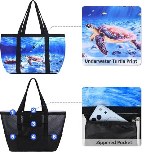 Fomaris Large Mesh Beach Bag for Women, Waterproof Sandproof Summer Tote with Sea Turtle Ocean Animal Print, Quick Sand Draining Swim Pool Travel Essentials for Family Cruise in Saudi Arabia