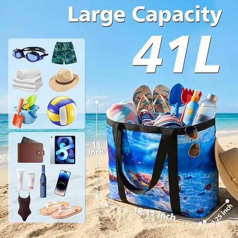 Fomaris Large Mesh Beach Bag for Women, Waterproof Sandproof Summer Tote with Sea Turtle Ocean Animal Print, Quick Sand Draining Swim Pool Travel Essentials for Family Cruise in Saudi Arabia