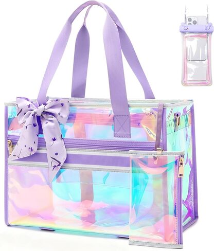 Iridescent Beach Bag for Women, Large Waterproof Sandproof Beach Tote Bag Holographic Clear Tote Purse with Zipper in Saudi Arabia