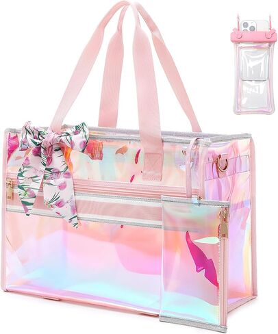 Iridescent Beach Bag for Women, Large Waterproof Sandproof Beach Tote Bag Holographic Clear Tote Purse with Zipper in Saudi Arabia