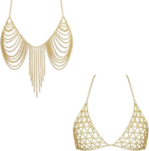 2-Piece Women’s Body Chain Top – Layered Gold Chain Bra Set with Adjustable Length, Rave Outfit Accessory, Festival Wear, Carnival Jewelry (Antique Gold) in Kuwait