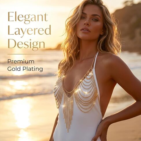 2-Piece Women’s Body Chain Top – Layered Gold Chain Bra Set with Adjustable Length, Rave Outfit Accessory, Festival Wear, Carnival Jewelry (Antique Gold) in Kuwait