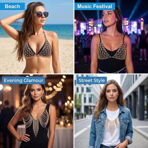 2-Piece Women’s Body Chain Top – Layered Gold Chain Bra Set with Adjustable Length, Rave Outfit Accessory, Festival Wear, Carnival Jewelry (Antique Gold) in Kuwait