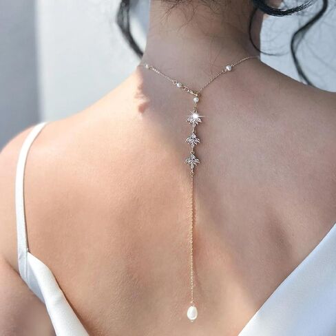 Longita Pearl Back Necklace for Backless Dress Back Jewelry Backdrop Pearl Necklace Back Chain Gold Body Chain Jewelry for Women Sexy Trendy Dainty Summer Bride Accessories in Saudi Arabia