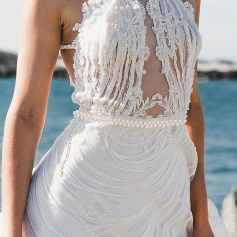 Women Pearl Waist Chain - Double Row White Pearl Dress Belt Elegant Body Chain for Wedding Party Accessory in Kuwait