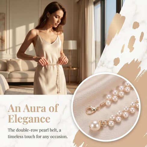 Women Pearl Waist Chain - Double Row White Pearl Dress Belt Elegant Body Chain for Wedding Party Accessory in Kuwait