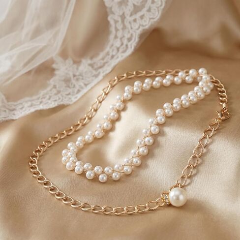 Women Pearl Waist Chain - Double Row White Pearl Dress Belt Elegant Body Chain for Wedding Party Accessory in Kuwait