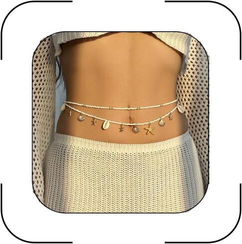 Starfish Waist Chain for Women Teen,2Pcs Gold Adjustable Layered Bikini Body Chain Belly Jewelry for Beach Summer Festival, Vacation Travel Sea Shell Pearl Belt Beads Chain Boho Accessories in Saudi Arabia
