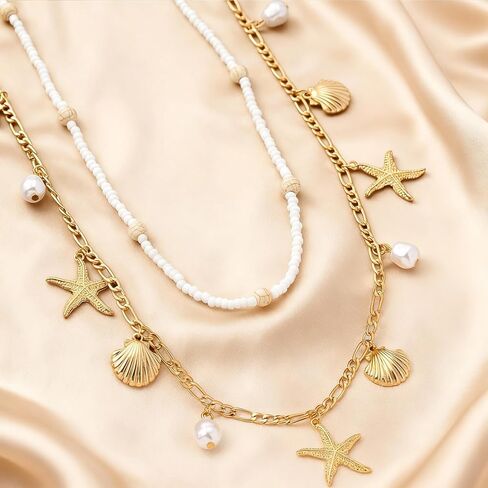 2Pcs Gold Waist Chain for Women Adjustable Layered Starfish Belly Chain Bohemian Shell Beaded Body Chain for Beach Summer Jewelry Accessories for Women in Saudi Arabia