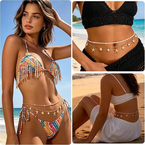 2Pcs Gold Waist Chain for Women Adjustable Layered Starfish Belly Chain Bohemian Shell Beaded Body Chain for Beach Summer Jewelry Accessories for Women in Saudi Arabia
