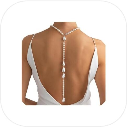 Long Pearl Back Chain Necklace for Backless Dress Dainty Bridal Wedding Y Pearl Backdrop Jewelry Festival Body Chain Jewelry for Women in Kuwait