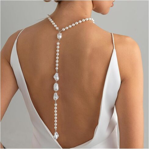 Long Pearl Back Chain Necklace for Backless Dress Dainty Bridal Wedding Y Pearl Backdrop Jewelry Festival Body Chain Jewelry for Women in Kuwait