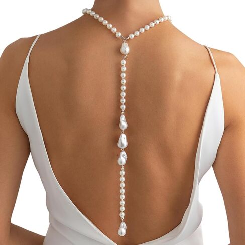 Long Pearl Back Chain Necklace for Backless Dress Dainty Bridal Wedding Y Pearl Backdrop Jewelry Festival Body Chain Jewelry for Women in Kuwait