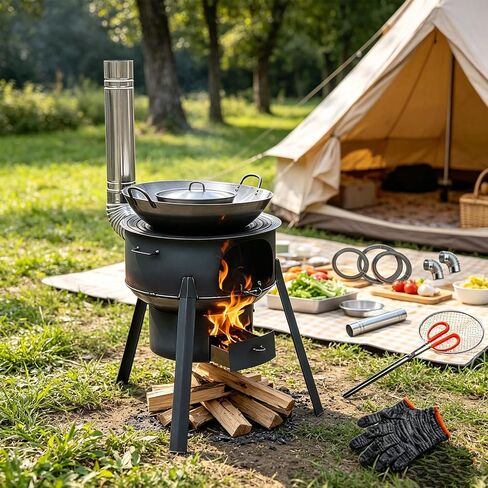 Coal Wood Stove, 1 Set Of Multifunctional Portable Removable Iron Firewood Cooking Stove, Mobile Camping Stove for Outdoor Camping, Tent Heating, Fishing, Cooking (43 cm + 3 oven rings) in Kuwait