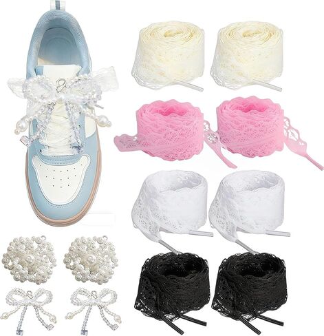 AZY Lace Shoelaces with Shoe Charms for Sneakers, 4 Pairs Decorative Laces with Pearl & Bow Sneaker Charms, Cute Shoe Lace Charms Set for DIY Shoe Accessories & Gifts in Saudi Arabia